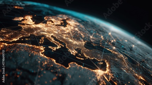 Global View of Europe at Night with Illuminated Cities and Connections from Satellite Perspective Displaying Urban Lights and Natural Landscapes