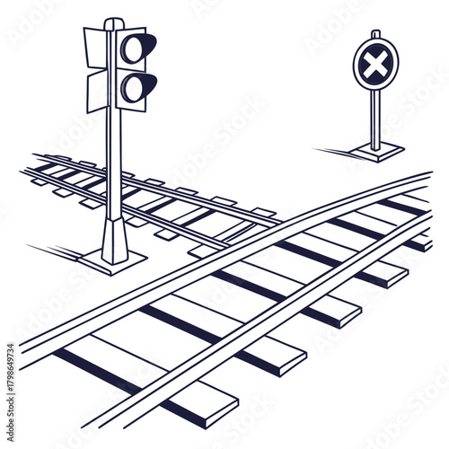 Railroad crossing with traffic light isolated on illustration