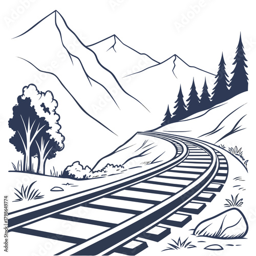 Curved railway track with mountain landscape isolated on