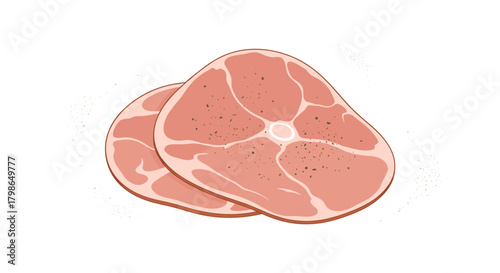 Two thick slices of seasoned pork ham are stacked and ready for cooking.