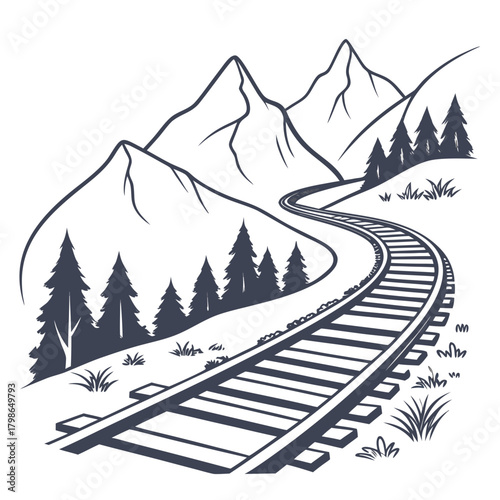 Curved railway track with mountain landscape isolated on