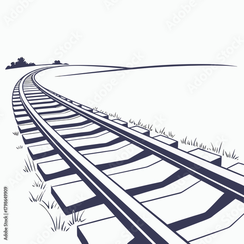 Curved railroad track receding into the distance isolated on