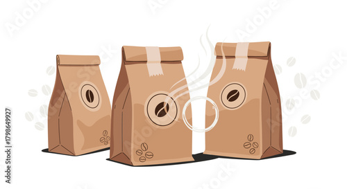 Three brown paper bags of coffee beans with steam rising from one bag and coffee beans scattered around.