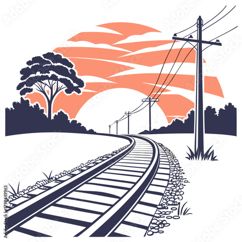 Curving railway tracks at sunset with power lines, vector illustration