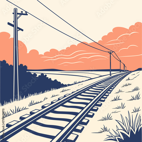 Railway tracks stretching into the distance under a cloudy sky, vector