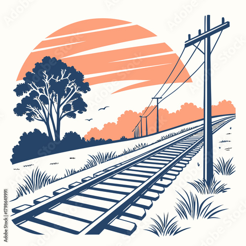 Scenic railway track curving through countryside isolated on