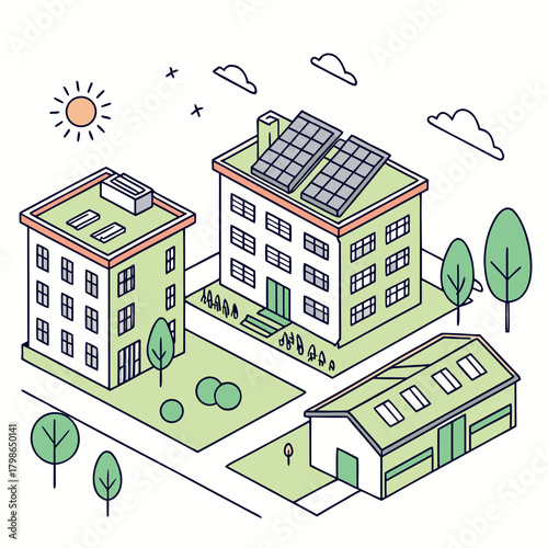 Illustration of a sustainable city with solar panels and green spaces
