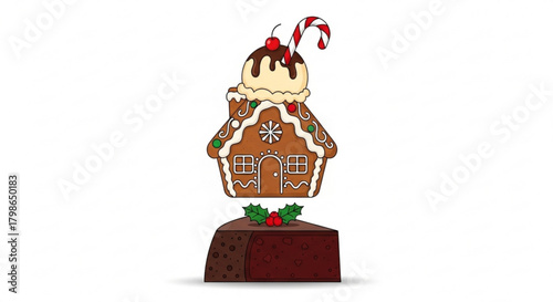 A delightful christmas dessert featuring a gingerbread house atop a slice of chocolate cake, adorned with a candy cane and cherry, isolated on