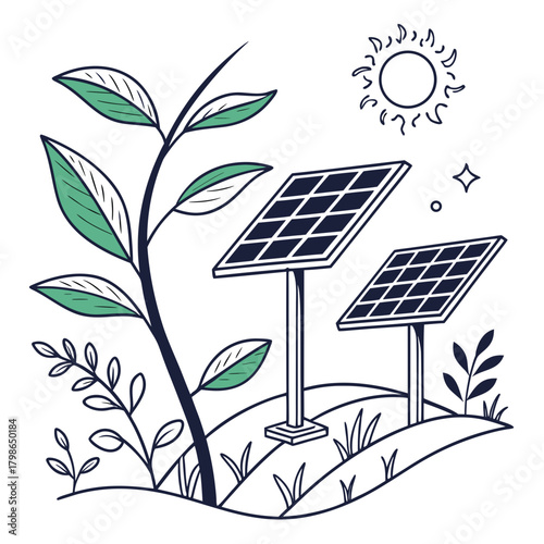 Solar panels and plant in a sunny landscape isolated on