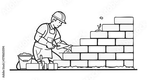 A construction worker meticulously lays bricks, building a wall with precision and skill, demonstrating the art of masonry in a detailed illustration.