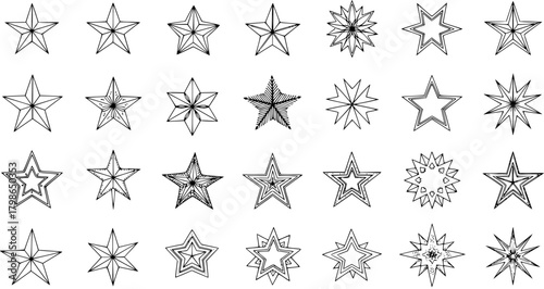 Collection of 35 Different Star Shapes, Hand Drawn, Black and White