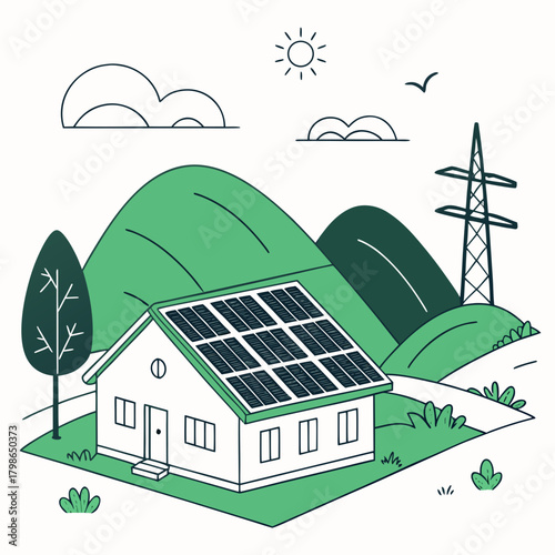 House with solar panels on the roof, alternative energy isolated on