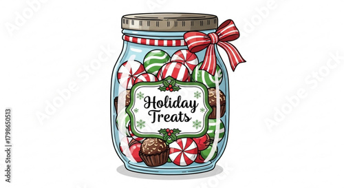 A festive jar filled with holiday treats, including candy canes, chocolates, and peppermints, adorned with a decorative label and a cheerful red bow