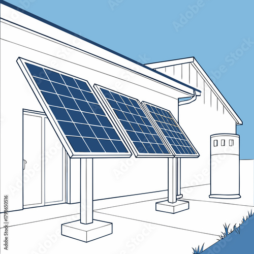 Illustration of solar panels and a water heater on a house wall