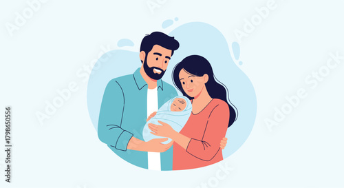 A loving couple embracing their newborn baby symbolizing the beginning of a new family life together.