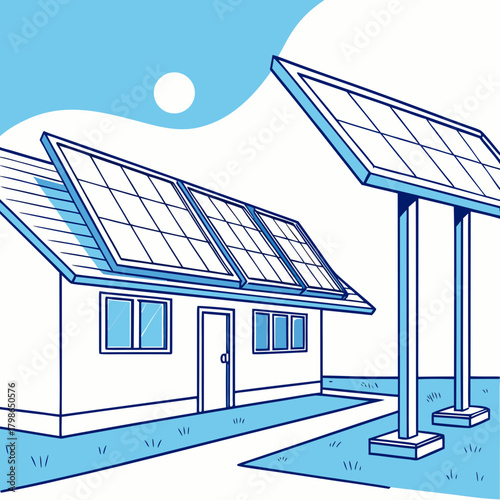 Illustration of a house with solar panels on the roof and in the yard