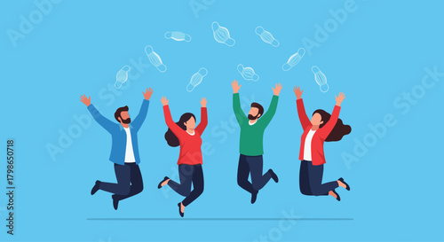 A group of diverse people are joyfully celebrating as they toss graduation caps into the air, signifying the successful completion of their academic journeys.