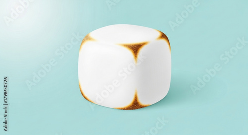 A white cube with rounded edges sits against a light blue background, casting a soft shadow, creating a minimalist and modern aesthetic in the studio shot