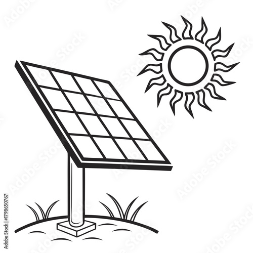 Solar panel and sun icon isolated on for green energy