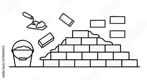An illustrated view of bricklaying, featuring a trowel, bucket, and bricks, depicting construction and building processes in a simple black and white style.