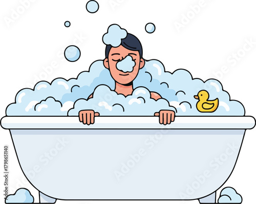 Happy Person Relaxing in a Bathtub Full of Foamy Soap Bubbles with Rubber Duck