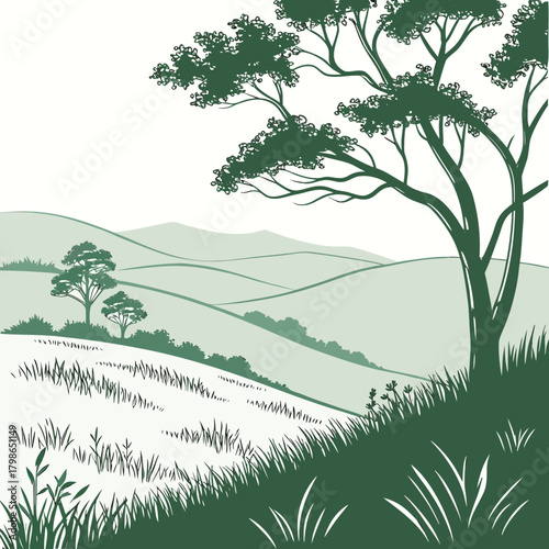 Scenic landscape with rolling hills and a solitary tree isolated on