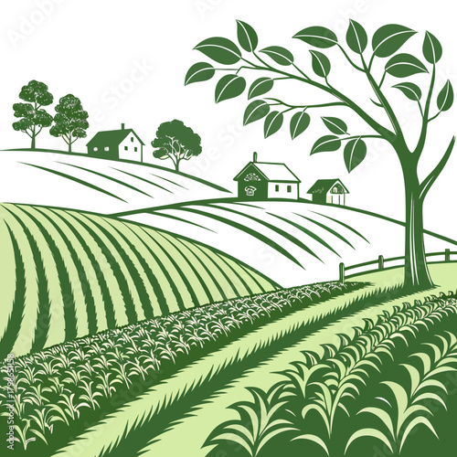 Idyllic rural scene with farmhouses and cultivated fields isolated on