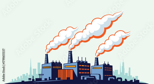 Industrial complex with multiple stacks emitting plumes of smoke into the sky during the day.