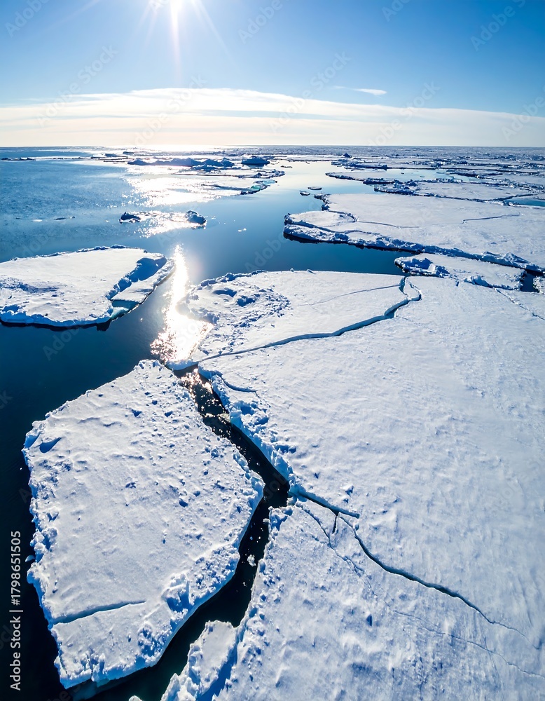 Obraz premium Aerial view of a vast ice expanse, featuring fractured ice floes and open water under a bright sun. A distant horizon merges with a clear, blue sky