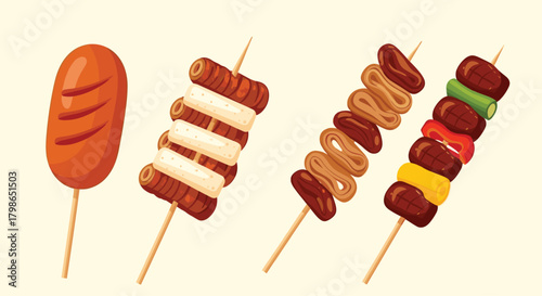 Assortment of delicious grilled skewers and sausages on wooden sticks presented on a light background.