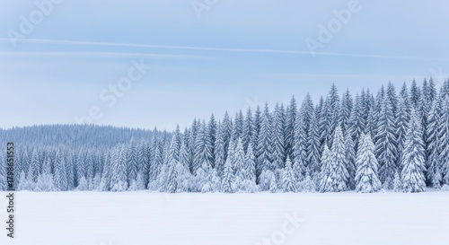 A serene winter landscape featuring a dense forest of snowcovered pine trees under a pale blue sky