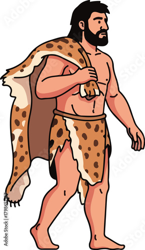 Caveman Hunter Character Walking with Animal Skin Over Shoulder Prehistoric Man Illustration