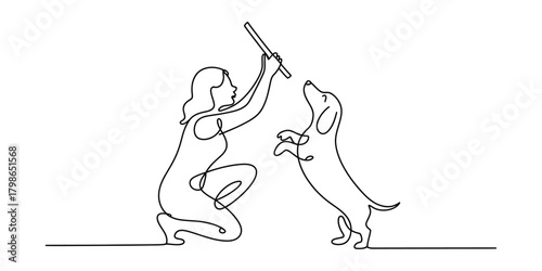Pet owner playing with dog, minimal continuous line drawing style.