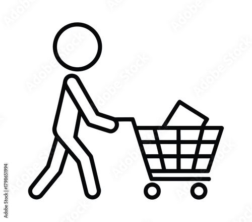 Outline of Man Pushing Shopping Cart with Boxes: E-commerce, Retail, and Consumerism Icon