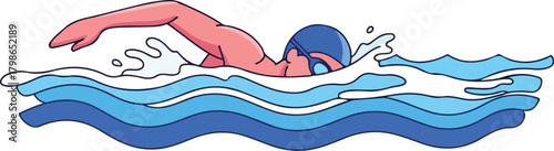 Cartoon Swimmer Doing Freestyle Stroke in Wavy Blue Water Icon