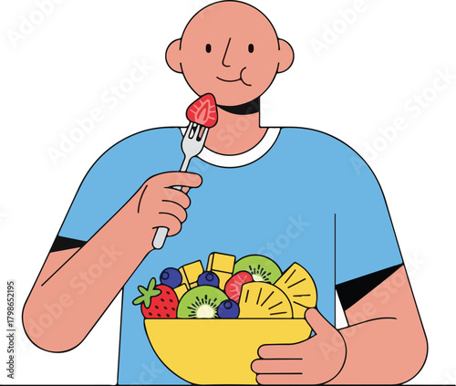 Healthy Man Eating Fresh Mixed Fruit Salad from a Bowl with Fork Illustration