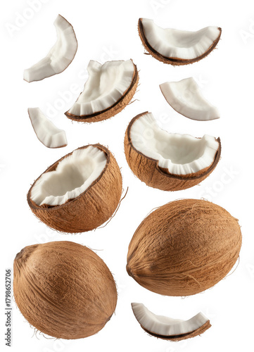 Whole and broken coconuts floating isolated on a transparent background