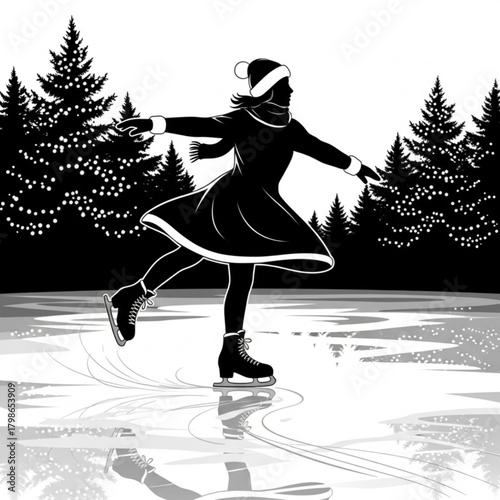 Black and white illustration of a woman ice skating in a winter outfit.
