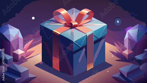 Isometric gift box with ribbon in a fantasy landscape