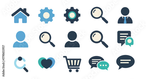 Assorted business symbols representing various functions displayed against a white backdrop, conveying a sense of modernity and efficiency.