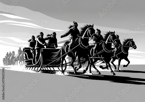 Black and white illustration of people riding a traditional troika sleigh pulled by three horses.
