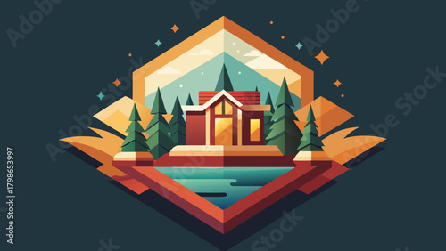 Illustration of a cabin in the woods by a lake at night