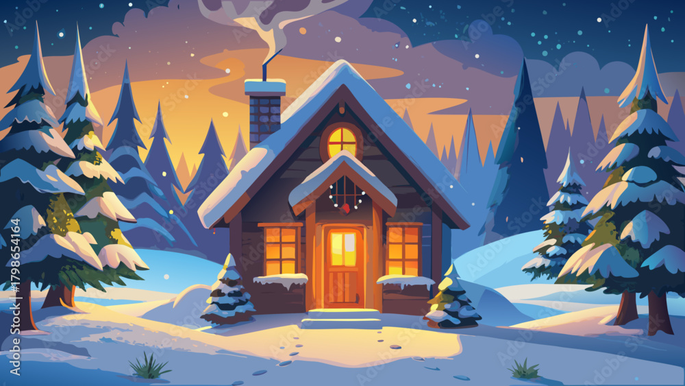 Naklejka premium A snowy cabin scene with christmas trees at twilight