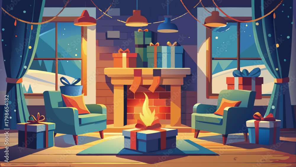Naklejka premium A cozy christmas living room with gifts and fireplace