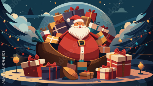 Santa claus with a bag full of gifts in winter scene
