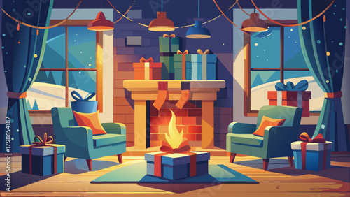 A cozy christmas living room with gifts and fireplace