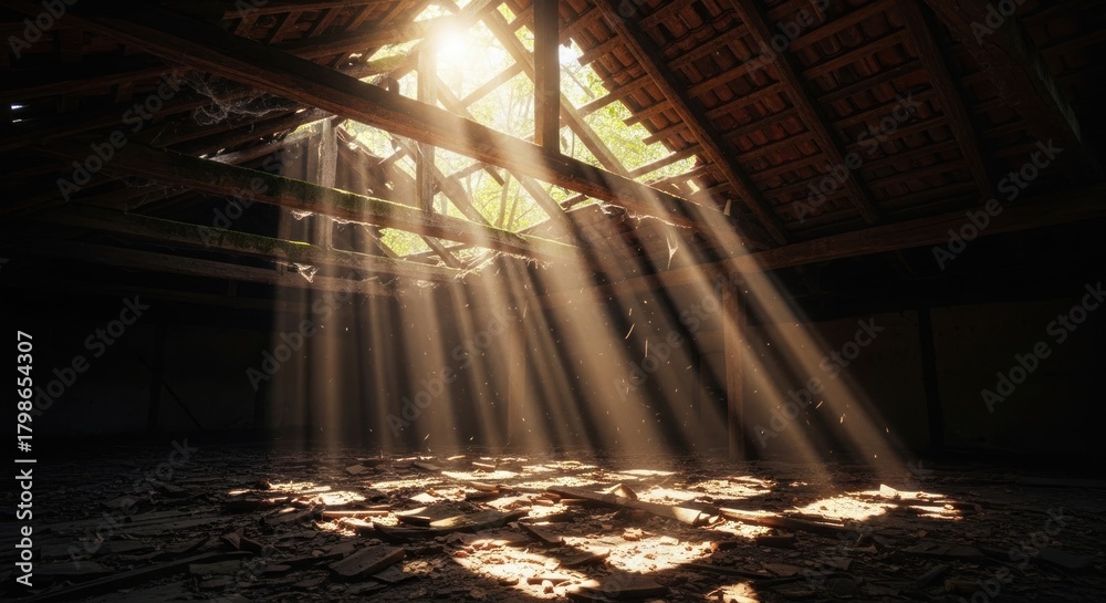 Obraz premium Sunlight beams through a dilapidated attic roof casting dramatic rays on the dusty floor.