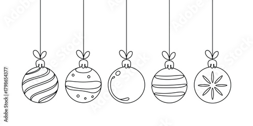 Black and white outline christmas tree baubles hanging decor