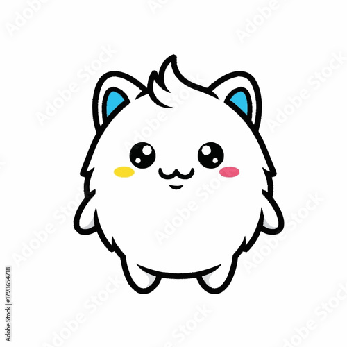 Cute fluffy white cartoon monster character with blue ears.