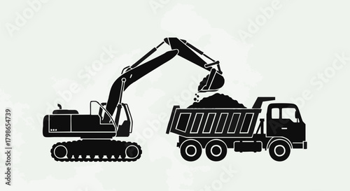 A black and white illustration depicts an excavator loading a dump truck with earth, showcasing construction and transportation.